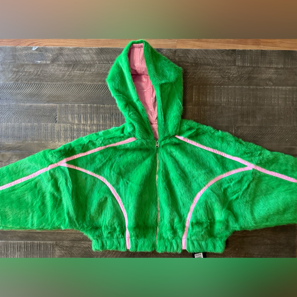Jayley Green And Pink Faux Fur And Eco Leather Reversible Bomber Jacket